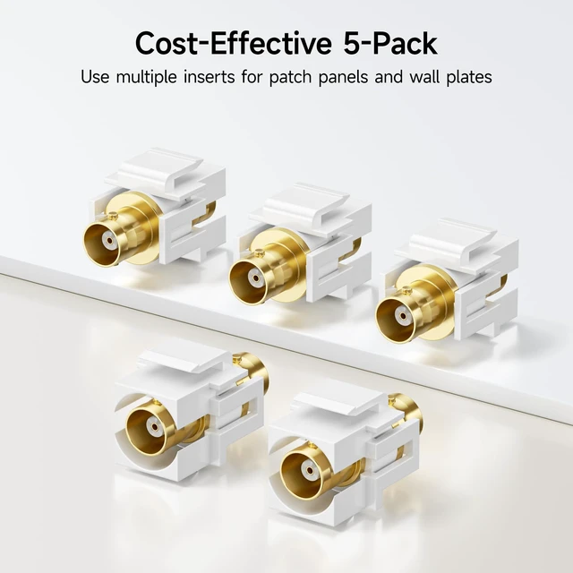 Alt view image 6 of 6 - 5-Pack Gold-Plated BNC Keystone Jack Inserts, White | BNC Female-to-Female Coupler, Gold-Plated Contacts, Wall Plate Compatible