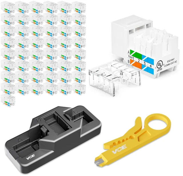 Main image of RJ45 Cat6 Keystone Jacks 50-Pack with Punch Down Stand and Stripper | Slim Profile, UL Listed Jacks for superior safety, 90 Degree Punch Down, ideal for Patch Panel and Wall Plate