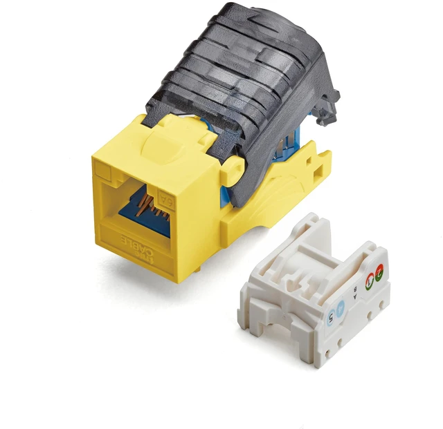 Main image of Cat6A Toolless Keystone Jack, Unshielded (UTP), PoE++ (4PPoE) 100W, UL Listed, ETL Verified, ANSI/TIA Certified, Modular RJ45 Female, Yellow, 2 Pack
