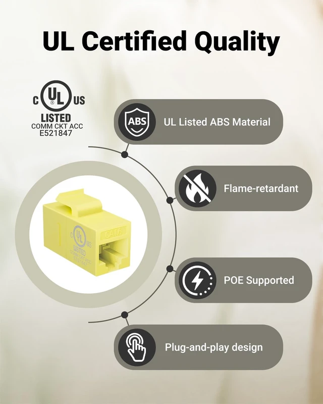 Alt view image 2 of 7 - UL Listed CAT6 Keystone Coupler PoE, Yellow, 25-Pack | UL Listed |10Gbps High Speed | PoE SupportFemale to Female | CAT6/CAT5E/CAT5Ethernet Cable Extender