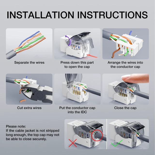 Alt view image 7 of 7 - Cat6 Keystone Jack Toolless 25-Pack, Slim Profile RJ45 | 90-Degree, UTP CAT6/CAT5E/CAT5 Compatible, Ethernet Wall Jack, White