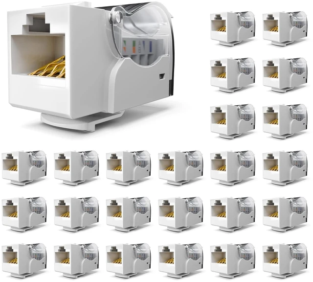 Main image of Cat6 Keystone Jack Toolless 25-Pack, Slim Profile RJ45 | 90-Degree, UTP CAT6/CAT5E/CAT5 Compatible, Ethernet Wall Jack, White