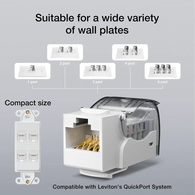 Alt view image 4 of 7 - Cat6 Keystone Jack Toolless 25-Pack, Slim Profile RJ45 | 90-Degree, UTP CAT6/CAT5E/CAT5 Compatible, Ethernet Wall Jack, White