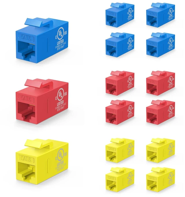 Main image of UL Listed CAT6 Keystone Coupler PoE, Blue + Red + Yellow, 5-Pack | UL Listed |10Gbps High Speed | PoE SupportFemale to Female | CAT6/CAT5E/CAT5Ethernet Cable Extender