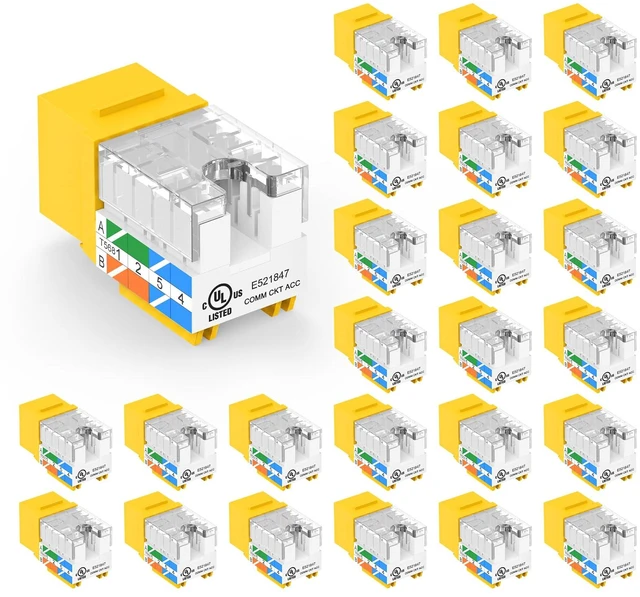 Main image of UL Listed Cat6 Keystone Jacks 10Gbps 25-Pack, Yellow | Slim Profile RJ45 Keystone Jacks, 90 Degree Punch Down, ideal for Patch Panel and Wall Plate