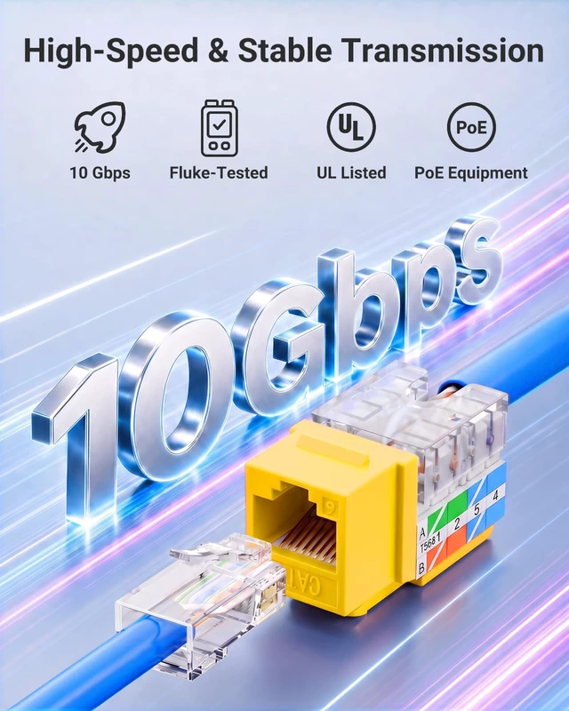 Alt view image 3 of 7 - UL Listed Cat6 Keystone Jacks 10Gbps 25-Pack, Yellow | Slim Profile RJ45 Keystone Jacks, 90 Degree Punch Down, ideal for Patch Panel and Wall Plate