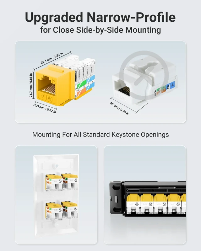 Alt view image 4 of 7 - UL Listed Cat6 Keystone Jacks 10Gbps 25-Pack, Yellow | Slim Profile RJ45 Keystone Jacks, 90 Degree Punch Down, ideal for Patch Panel and Wall Plate