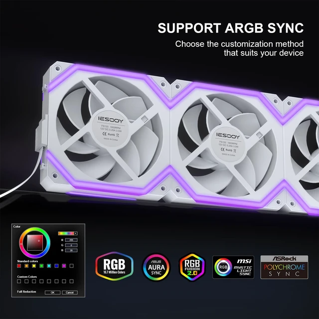 Alt view image 3 of 7 - ARGB Cooling Fan, Daisy Chain PWM RGB Fans, ARGB Async/Sync Mode, 120mm PC Case Fan, 1800 RPM with 5V 3-PIN Cable, Modular Stackable Splicing PWM Silent for CPU Liquid Coolers White, Forward