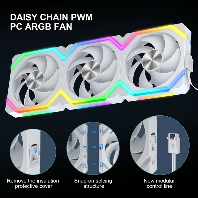 Alt view image 4 of 7 - ARGB Cooling Fan, Daisy Chain PWM RGB Fans, ARGB Async/Sync Mode, 120mm PC Case Fan, 1800 RPM with 5V 3-PIN Cable, Modular Stackable Splicing PWM Silent for CPU Liquid Coolers White, Forward
