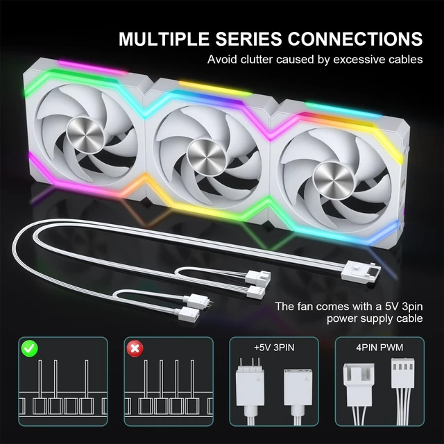 Alt view image 6 of 7 - ARGB Cooling Fan, Daisy Chain PWM RGB Fans, ARGB Async/Sync Mode, 120mm PC Case Fan, 1800 RPM with 5V 3-PIN Cable, Modular Stackable Splicing PWM Silent for CPU Liquid Coolers White, Forward