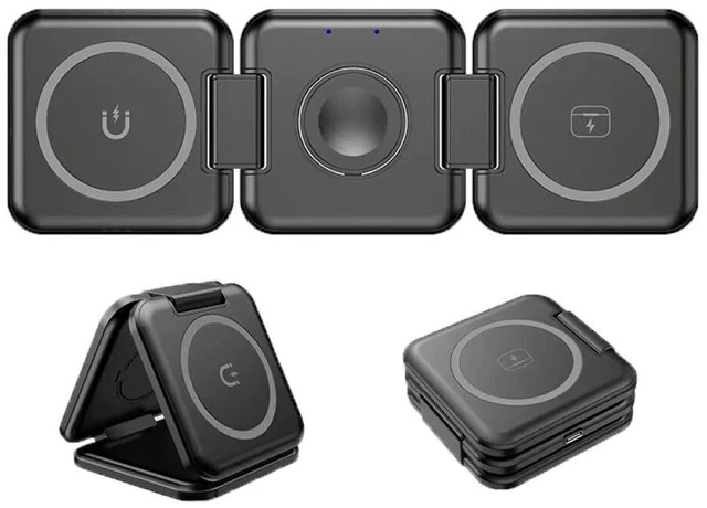 Main image of 3 in 1 Foldable Magnetic Wireless Charging Station Compatible with iPhone, Apple Watch, and Air pods, Portable Travel Charger, Black