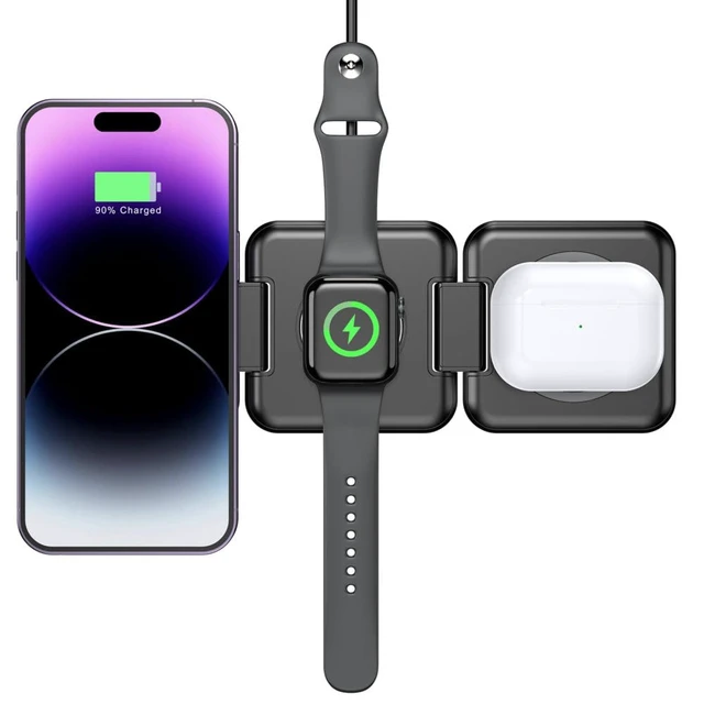 Alt view image 2 of 7 - 3 in 1 Foldable Magnetic Wireless Charging Station Compatible with iPhone, Apple Watch, and Air pods, Portable Travel Charger, Black