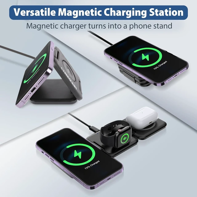 Alt view image 7 of 7 - 3 in 1 Foldable Magnetic Wireless Charging Station Compatible with iPhone, Apple Watch, and Air pods, Portable Travel Charger, Black