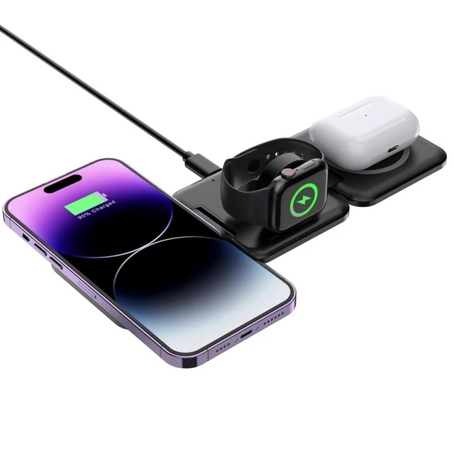 Alt view image 4 of 7 - 3 in 1 Foldable Magnetic Wireless Charging Station Compatible with iPhone, Apple Watch, and Air pods, Portable Travel Charger, Black