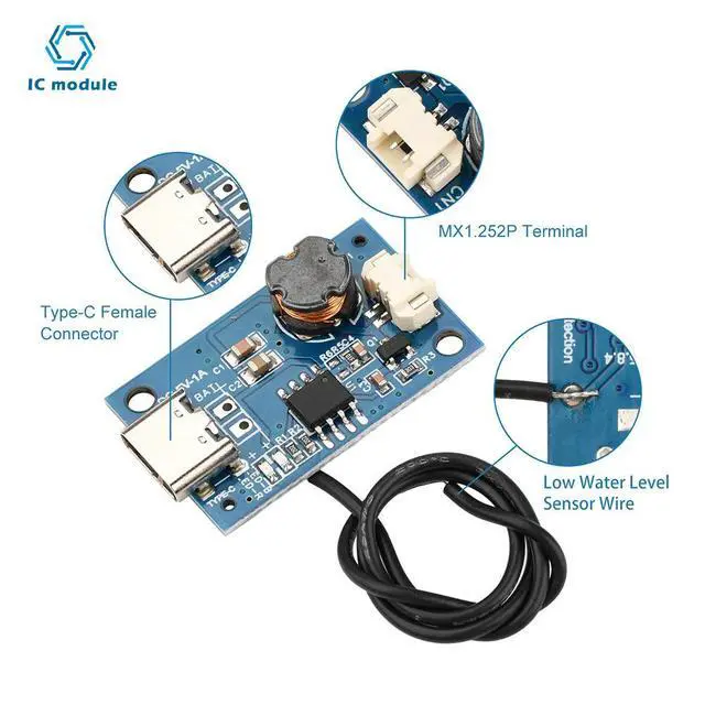 Alt view image 3 of 6 - Mini Humidifier Diy Kit DC 5V Usb Ultrasonic Nebulizer Humidifier Nebulizer Driver Module Type-C with Water Level Sensor