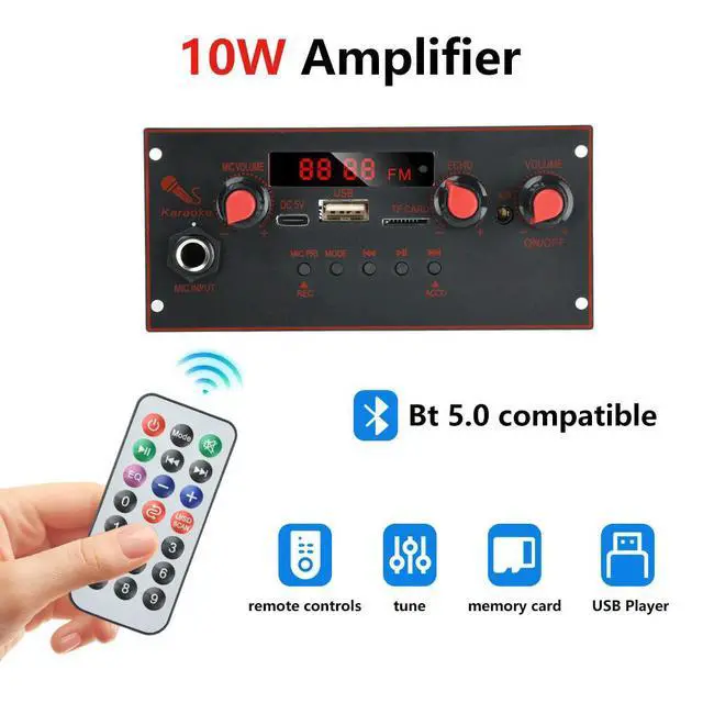 Alt view image 2 of 6 - DC 3.7V-5V 10W Amplifier MP3 Decoder Board 6.5mm Microphone Bluetooth-compatible Handsfree Car MP3 Player