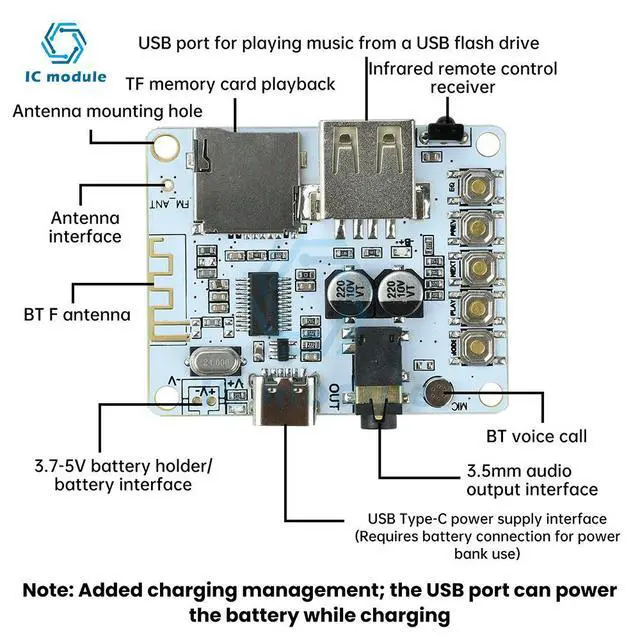 Alt view image 2 of 6 - BT 5.4 Audio Decoding Module USB/Bluetooth Receiver Board with Type-C Power Supply for Hi-Fi Audio Playback