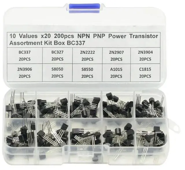 Main image of 10 Values 200pcs BC337 BC327 2N2222 2N2907 2N3904 2N3906 S8050 S8550 A1015 C1815 Transistor Assortment Kit For