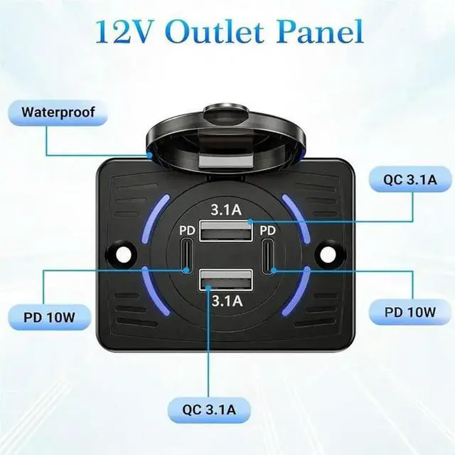 Alt view image 2 of 3 - Dual USB C PD& Dual USB A QC Fast Charging 4 Port 12V USB Outlet Wall Mount(2Pcs) For Vehicles Truck Boat Marine