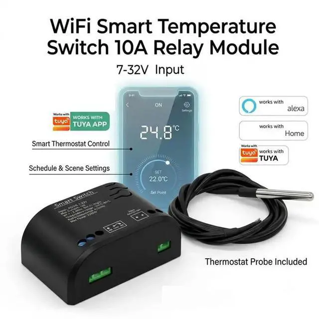Alt view image 3 of 6 - Tuya Temperature Switch 10A AC DC 7-32V Power Monitor With Thermostat Probe For Fish Tank Warehouse Greenhous