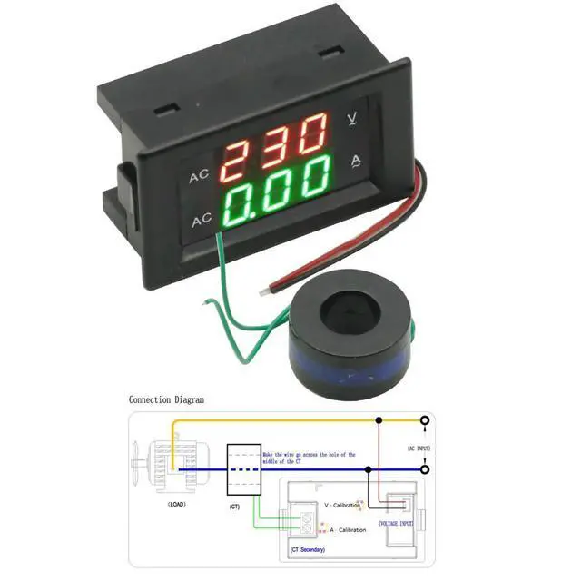 Alt view image 3 of 6 - AC 80V-300V 100A Voltmeter Ammeter Green+Red LED Dual Digital Volt Amp Meter Gauge