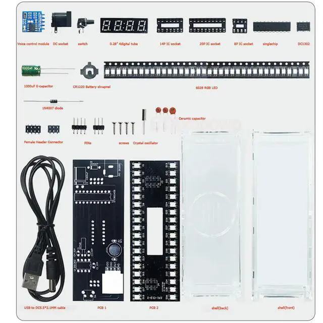 Alt view image 2 of 3 - diy electronic soldering kit digital clock voice control music spectrum display RGB LEDs USB 5V input