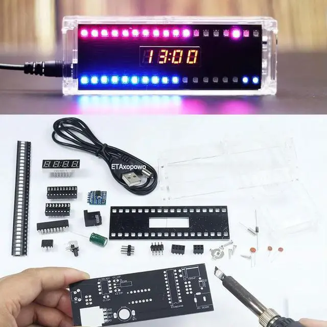 Main image of diy electronic soldering kit digital clock voice control music spectrum display RGB LEDs USB 5V input