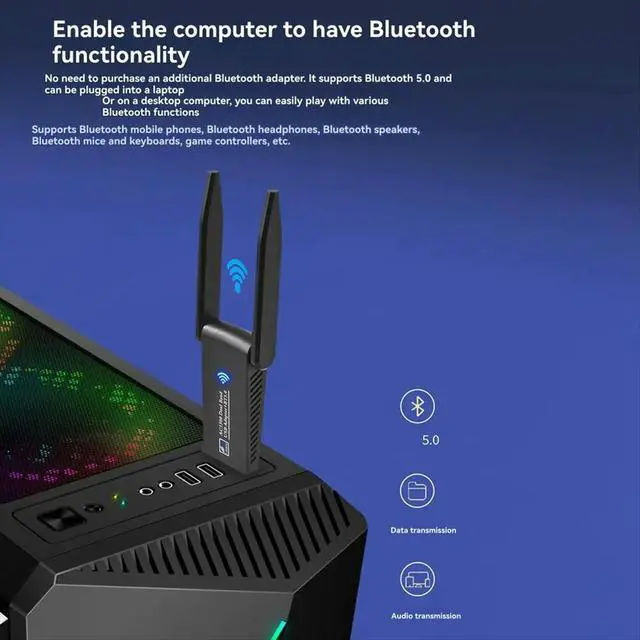 Alt view image 3 of 6 - 1300Mbps USB 3.0 Bluetooth5.0 Adapter 2-in-1 USB Dongle 2.4Ghz 5Ghz Dual Band 5 Network Wlan Receiver