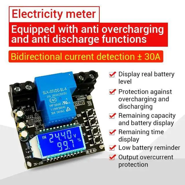 Alt view image 2 of 6 - 6V-60V 30A LCD Charge Discharge Controller Low Voltage Cut Off Switch Coulometer Voltage Monitor Protection