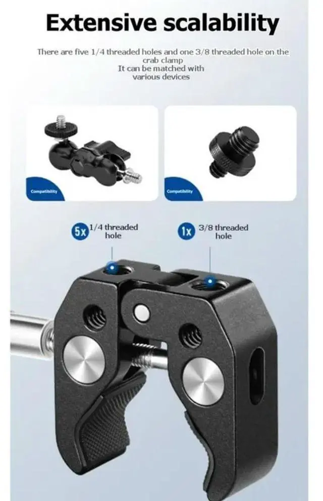 Main image of Aluminum Super Clamp With 1/4" To 5/8" Thread Hole Mic Holder With Crab Clip For Gopro/DSLR Mount Camera Monitor Light
