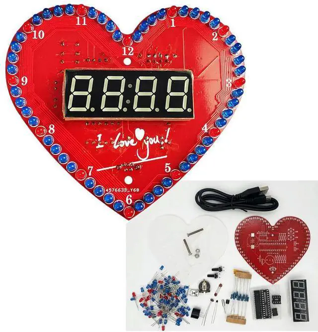 Main image of diy electronic clock kit heart-shaped led soldering project time/temperature display for beginner(not assembled