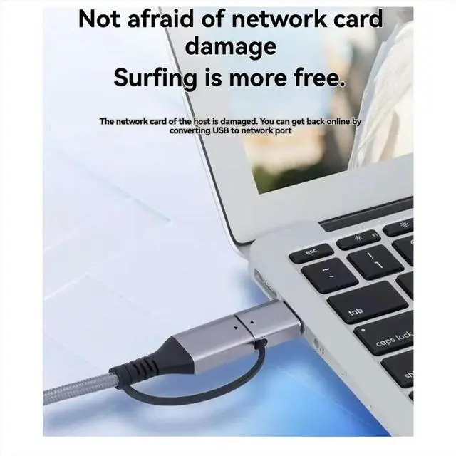 Alt view image 2 of 6 - Type-C/USB3.0 2-in-1 to RJ45 Gigabit Ethernet Cable Laptop Gigabit Braided Rope Network Interface Cable