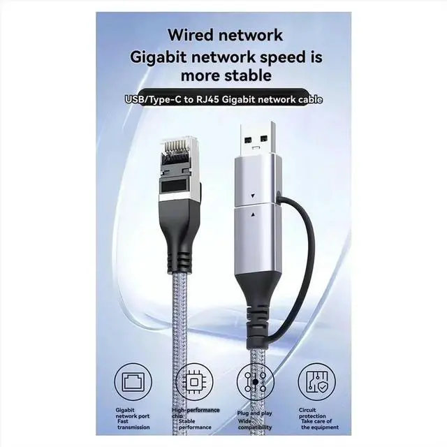 Alt view image 3 of 6 - Type-C/USB3.0 2-in-1 to RJ45 Gigabit Ethernet Cable Laptop Gigabit Braided Rope Network Interface Cable