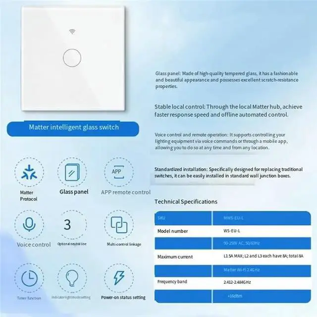 Alt view image 2 of 6 - Tuya Matter Light Switch EU Standard 1-Way Glass Touch Panel APP Remote Control Voice Enabled White