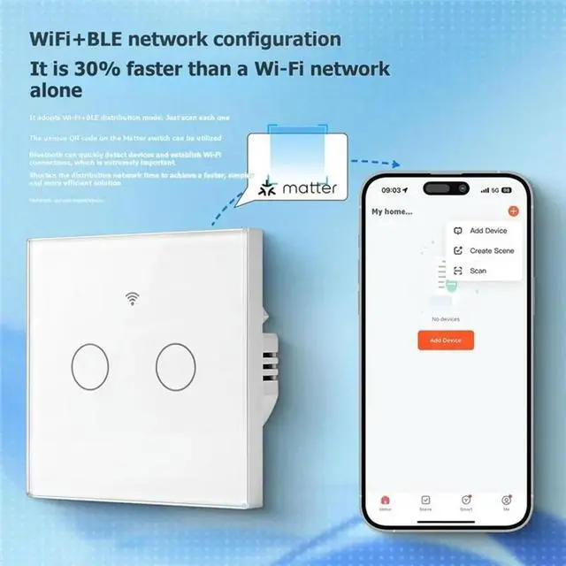 Alt view image 2 of 6 - Glass Touch Panel 2-Way Matter Light Switch Tuya APP Remote Control Voice EU Standard White