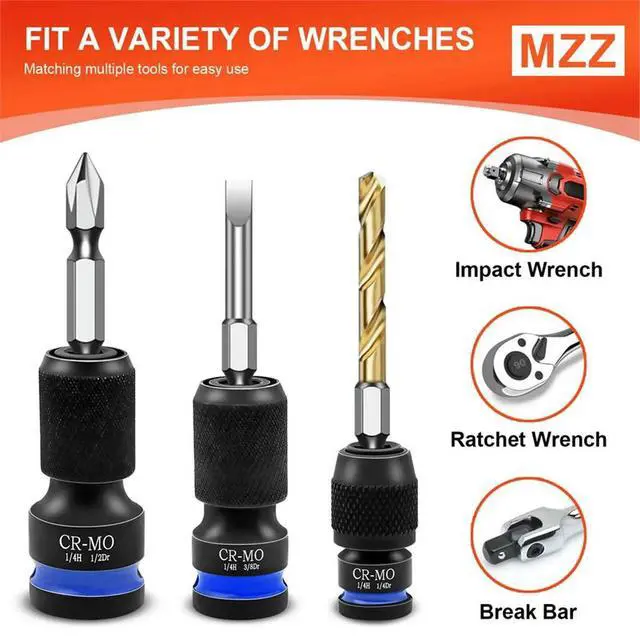 Alt view image 4 of 6 - 3pcs Impact Hex Converter for Screwdriver/Drill Bit 1/2 3/8 1/4" Square Drive to 1/4" Quick Release Hex Socket Adapter