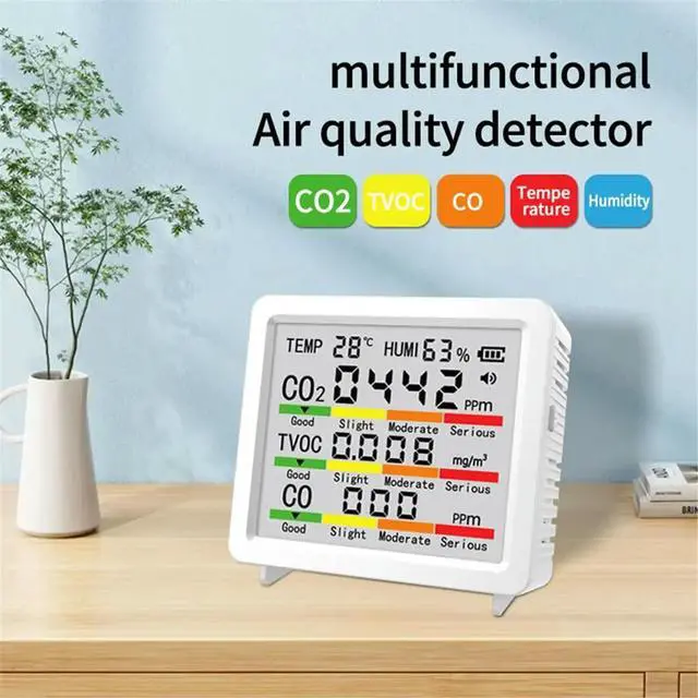 Alt view image 3 of 3 - 5 in 1 Multifunctional Air Meter Household Temperature Humidity CO CO2 TVOC Tester Monitor Air Detector White