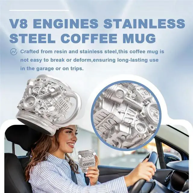 Alt view image 3 of 3 - V8 Engines Stainless Steel Coffee Mug, Car Engine Coffee Cup with Insulated Handle for Car Lovers Gifts
