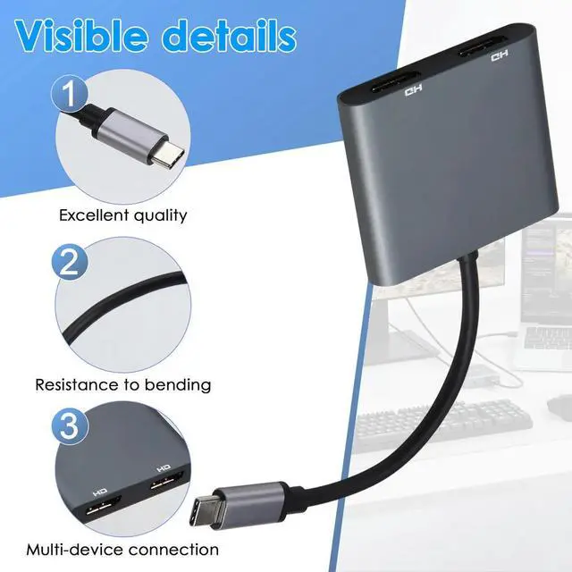 Alt view image 6 of 6 - For Thunderbolt 3 Docking Station Type-C to Dual 4K UHD Display Converter Mirror&Extend Mode MST Hub for Surface Pro7