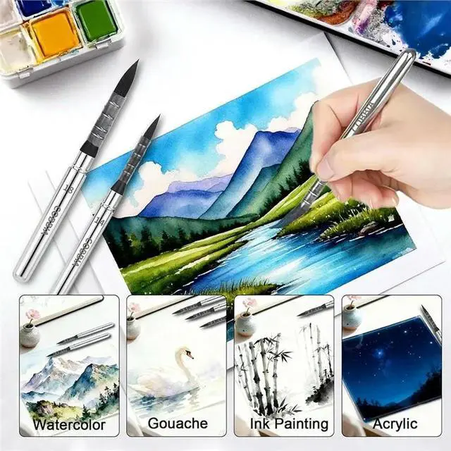 Alt view image 3 of 6 - For Art Painting 4Pcs Synthetic Squirrel Hair Watercolor Travel Brushes For Acrylic Paintings