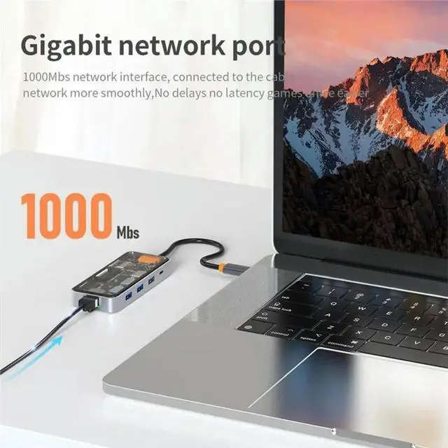 Alt view image 3 of 3 - USB Hub With RJ45 Gigabit Ethernet, 4K 2.0 Output, 100W PD Charging, Dual Micro/SD Card Reader- Clear Design