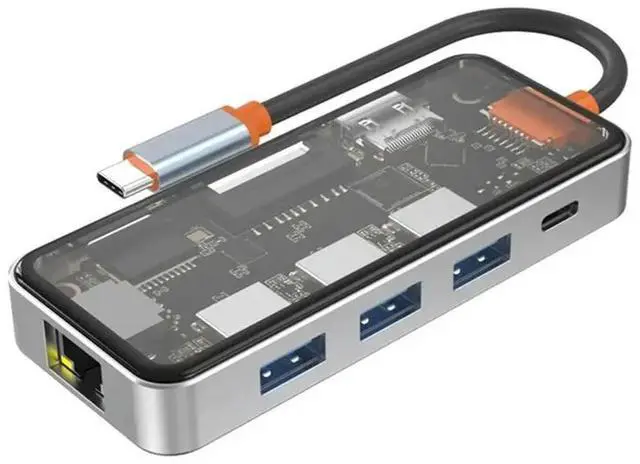 Main image of USB Hub With RJ45 Gigabit Ethernet, 4K 2.0 Output, 100W PD Charging, Dual Micro/SD Card Reader- Clear Design