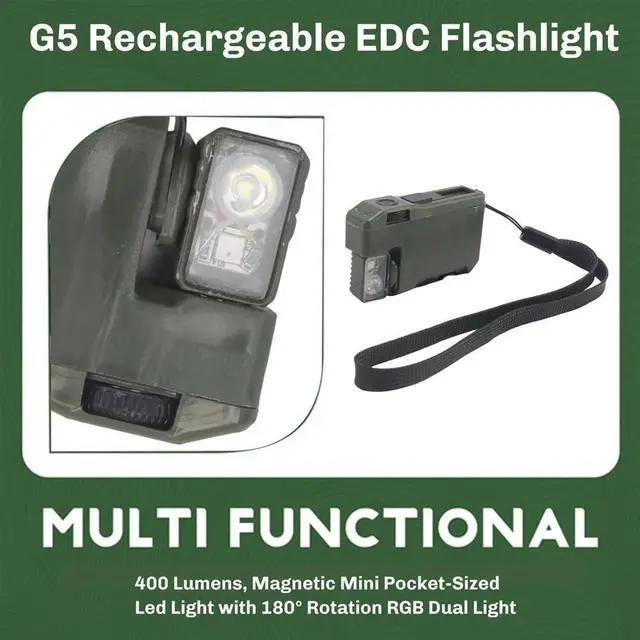 Main image of G5 Rechargeable EDC Flashlight, 400 Lumens, Magnetic Mini Pocket-Sized Led Light with 180° Rotation RGB Dual Light