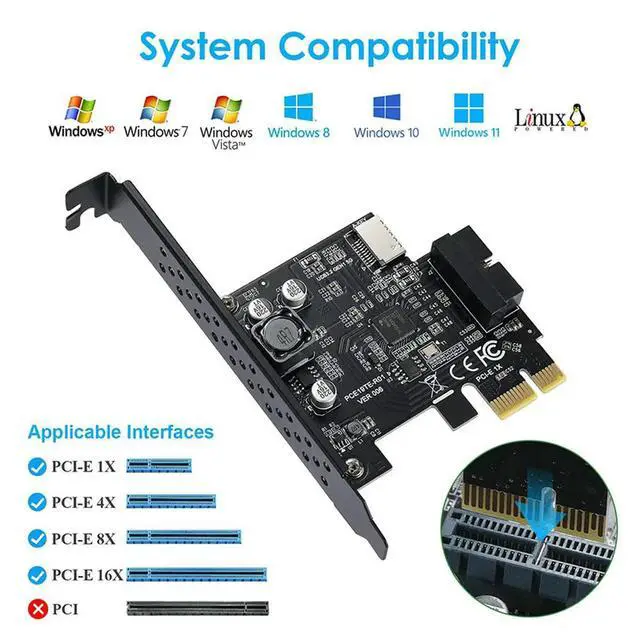 Alt view image 2 of 6 - PCI Express 2.0 X1 USB 3.2 Gen1 19Pin + TYPE-E Expansion Card PCIe Front Type-C Adapter Riser Type-E USB3.2 A-KEY 5Gbps Card