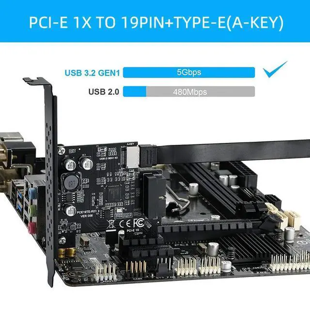 Alt view image 3 of 6 - PCI Express 2.0 X1 USB 3.2 Gen1 19Pin + TYPE-E Expansion Card PCIe Front Type-C Adapter Riser Type-E USB3.2 A-KEY 5Gbps Card