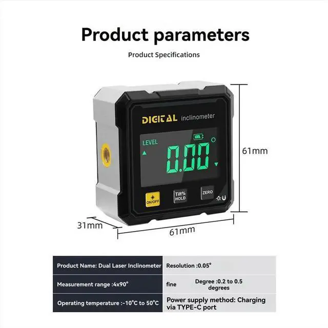 Alt view image 3 of 6 - Woodworking Tools 4-Sided Magnetic Inclinometer Digital Angle Measuring Instrument with Tilt Measurement
