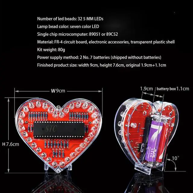 Alt view image 3 of 3 - diy electronic kits LED heart-shaped flashing light 51 microcontroller soldering practice parts