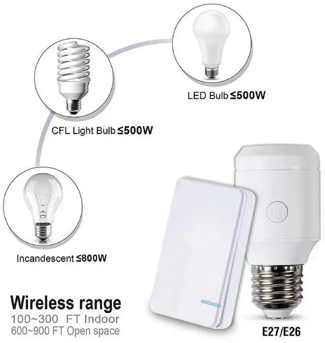 Main image of 500W Light Bulb Socket with Remote Control, E26 E27 Base, No Wiring Needed