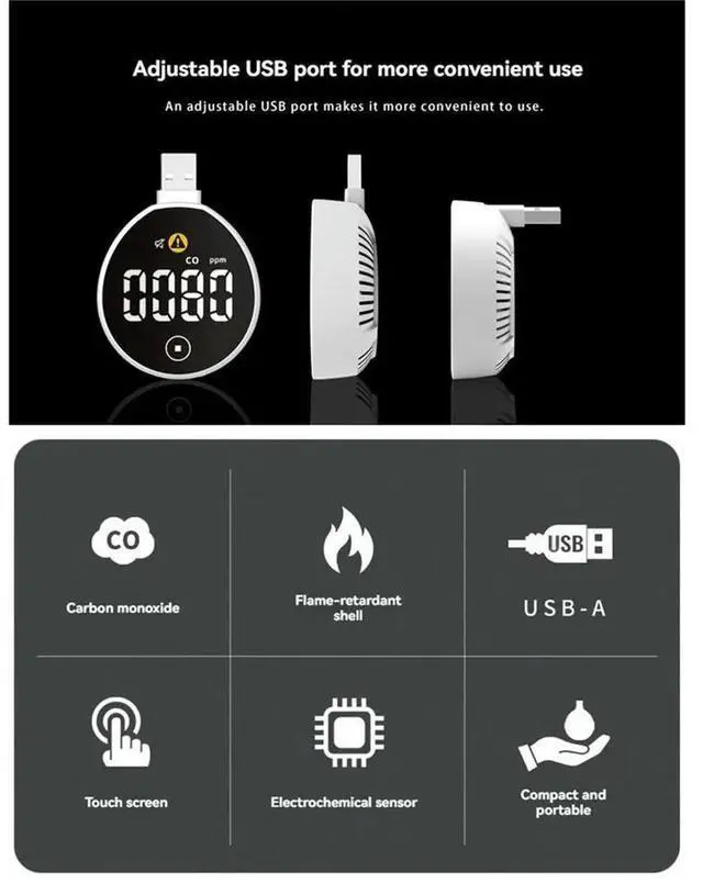 Alt view image 3 of 3 - Mini USB Plug-in Carbon Monoxide Alarm Detector CO Gas Detector Air Monitor for Home/Hotel/Travel/Office/RV