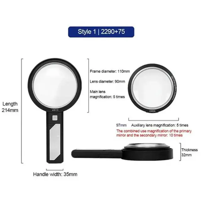 Alt view image 2 of 6 - 5x Main Lens + 10x Auxiliary Lens Rechargeable Handheld Magnifier Antique Appraisal Collectibles Reading with LED Light